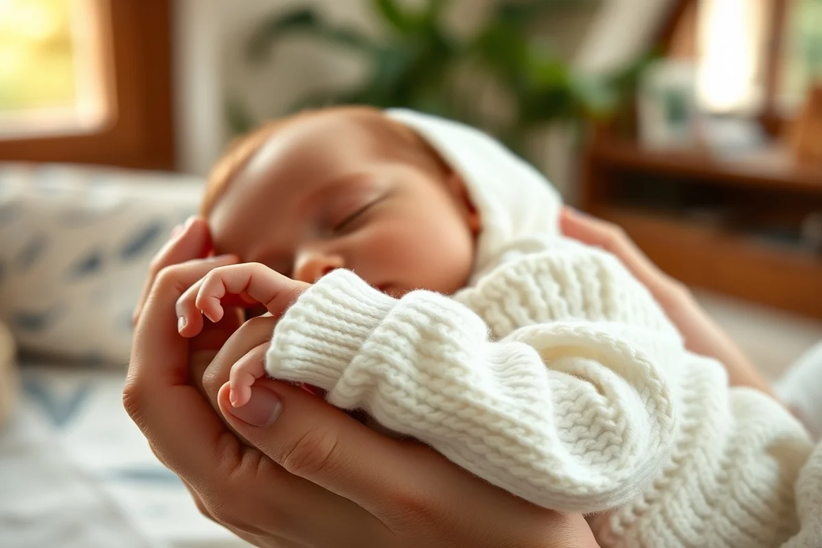Neonato addormentato in tutina bianca di maglia tenuto tra le mani con dolcezza, luce naturale da finestra