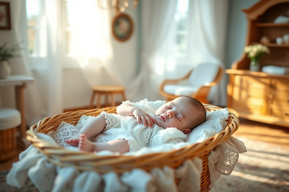 Neonato che dorme in culla di vimini con tutina in pizzo bianco, luce mattutina naturale in cameretta italiana