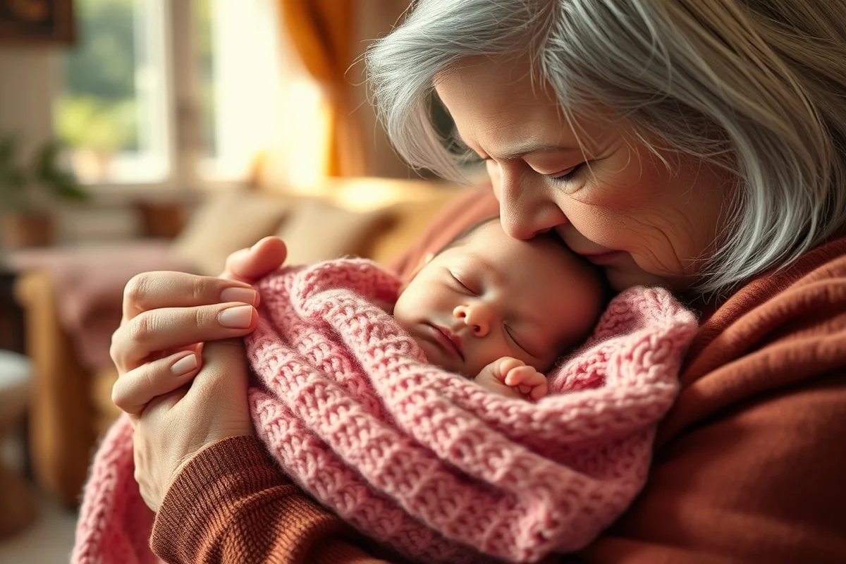 Nonna con capelli argentati che culla teneramente un neonato avvolto in copertina rosa lavorata a maglia, soggiorno italiano caldo e accogliente