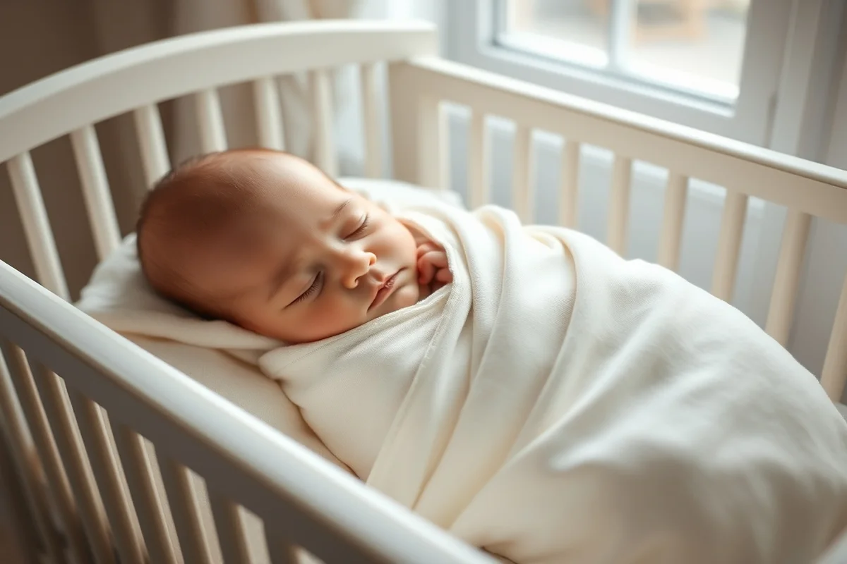 Neonato addormentato avvolto in mussola color crema nella culla bianca, luce naturale dalla finestra
