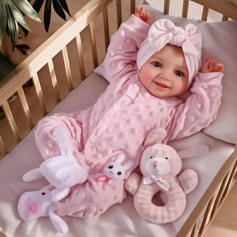Bambola reborn Sunny sorridente 43cm in vinile morbido completino rosa
