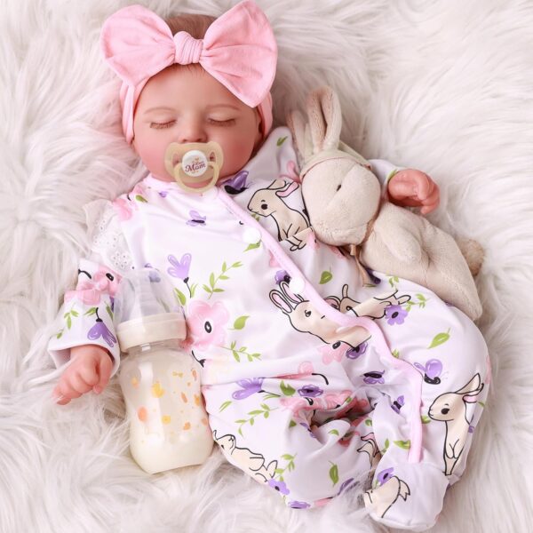 Bambole Reborn Femmine Valeria 4 Bambola Reborn Valeria 46cm con biberon paperelle e coniglietto peluche
