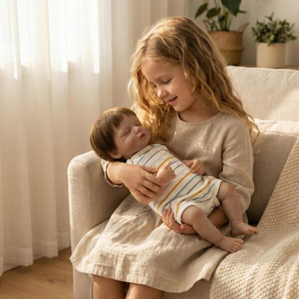 Bambole Reborn Grandi Chloe 3 Bambola Reborn Chloé 45cm tra le braccia di una bambina sul divano di lino