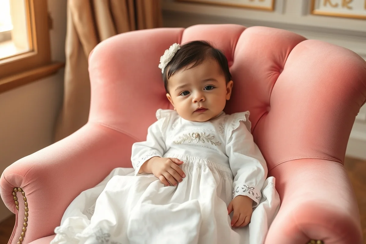 neonata in abito vintage ricamato bianco su poltroncina in velluto rosa, ambientazione elegante da collezione, luce calda