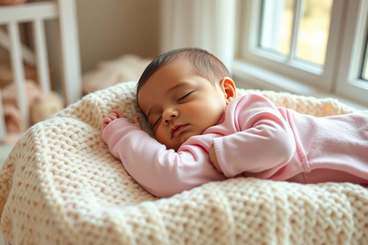 bambola reborn neonata con tutina rosa in cotone, occhi chiusi, su coperta morbida color crema, luce naturale soffusa
