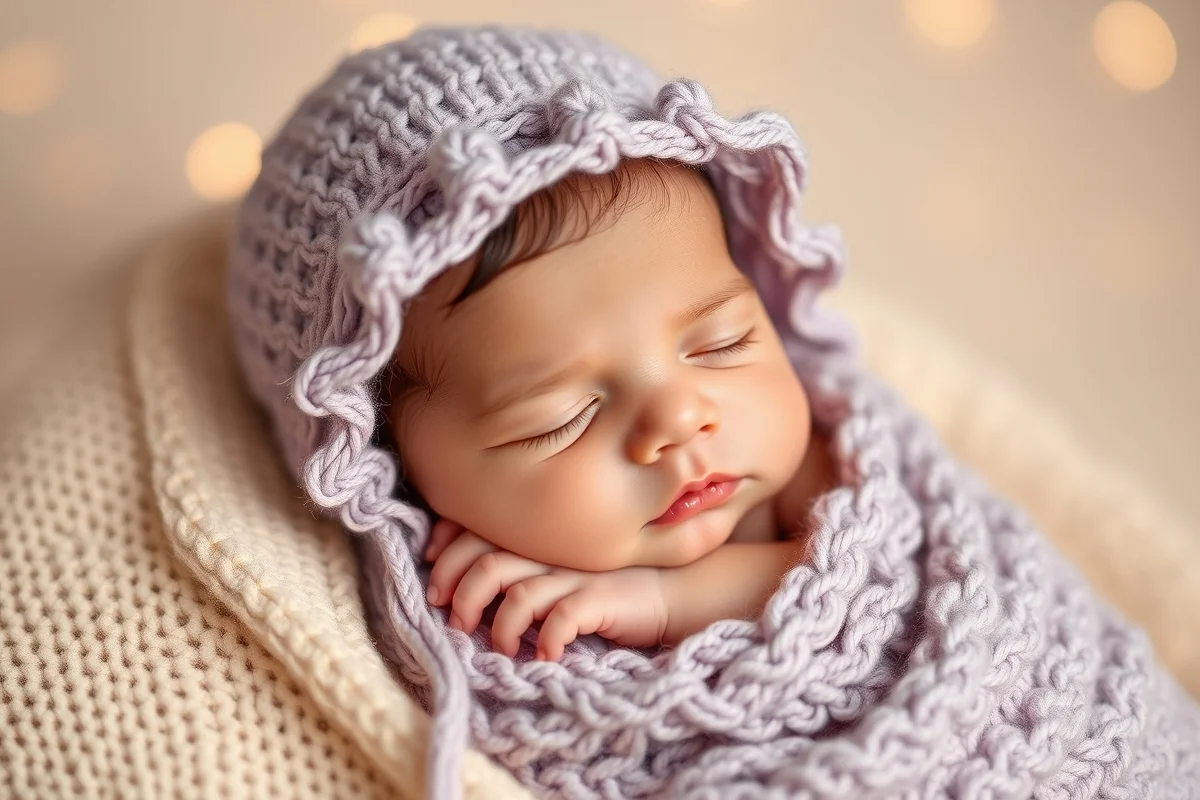 neonata con cappellino lavorato a mano color lavanda e copertina coordinata, espressione serena, fotografia professionale