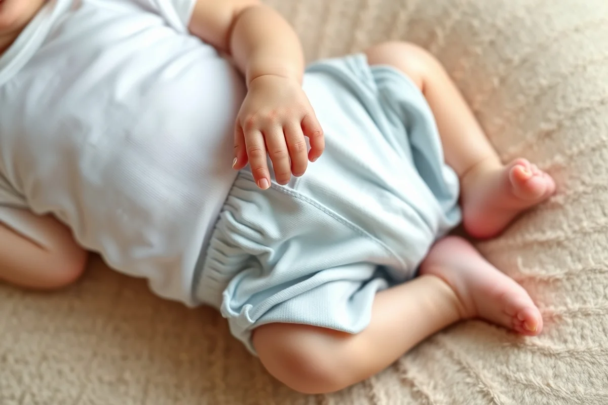 neonato con body bianco e pantaloncini azzurri su cuscino morbido, primi piani del viso con dettagli pittura realistica