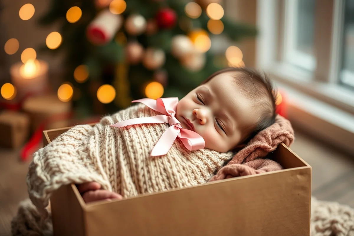 neonata avvolta in coperta a maglia beige con fiocco in raso rosa, dentro una scatola regalo aperta, ambientazione natalizia sfocata