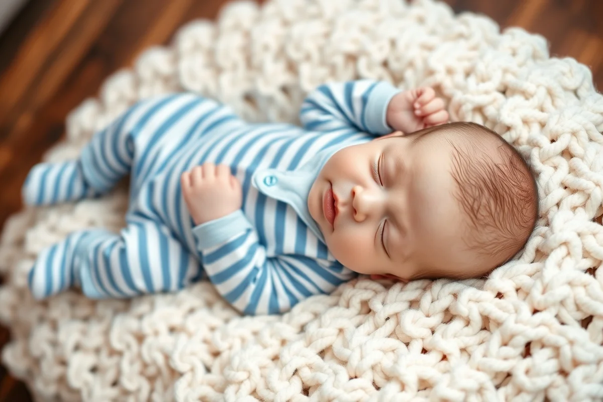 neonato gemello con pigiamino a righe azzurre e bianche, sdraiato su coperta a maglia, espressione rilassata, fotografia newborn