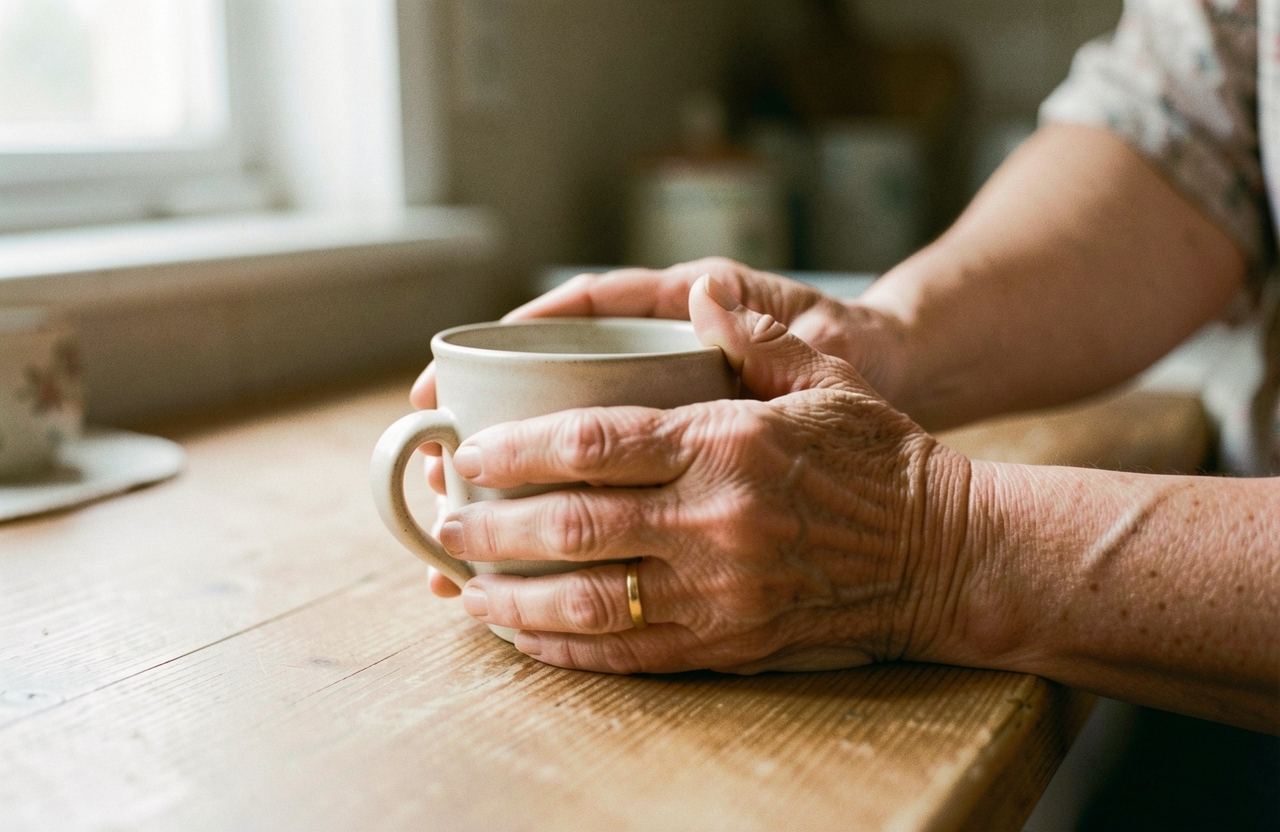 Le mani di una donna anziana attorno a una tazza, con la mano di una familiare appoggiata sopra