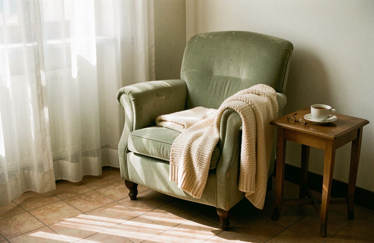 Poltrona verde salvia accanto a una finestra, con una coperta di lana e una tazza sul tavolino